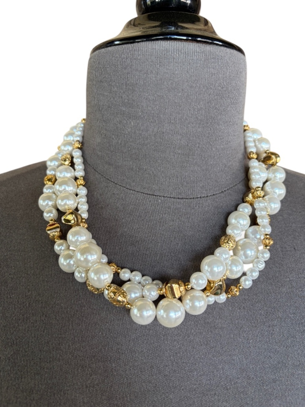 Vintage Faux Pearl Gold Tone Necklace Chunky Multi Strand Statement Classic 20"